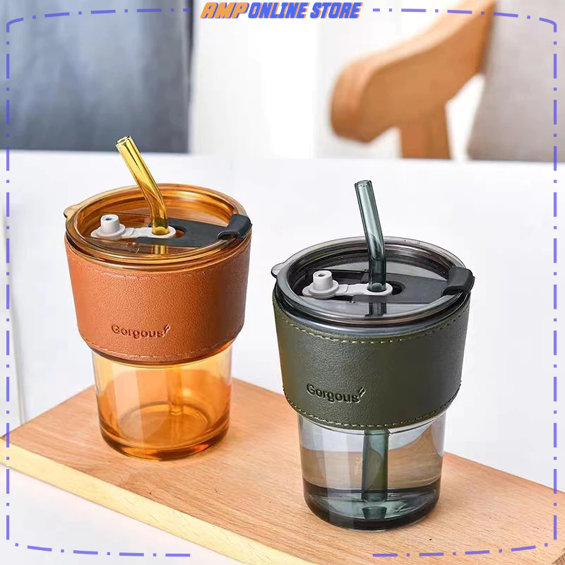 Jual Gelas Kaca Tumbler Aestetik 400ml Leather Case Exclusive Cangkir