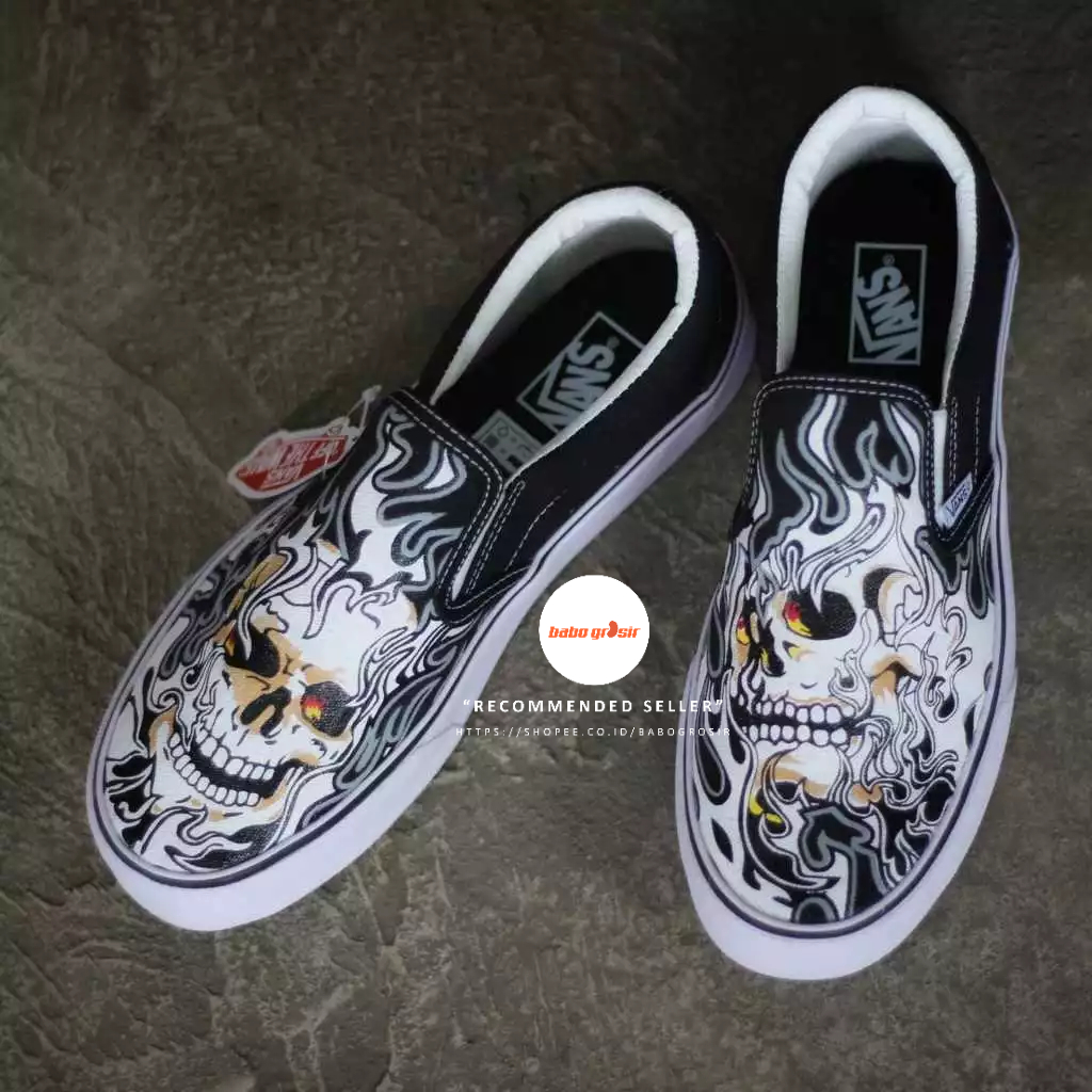 Jual Promo Sepatu Slip On Pria Wanita Vans Slip On Flame Skull Black