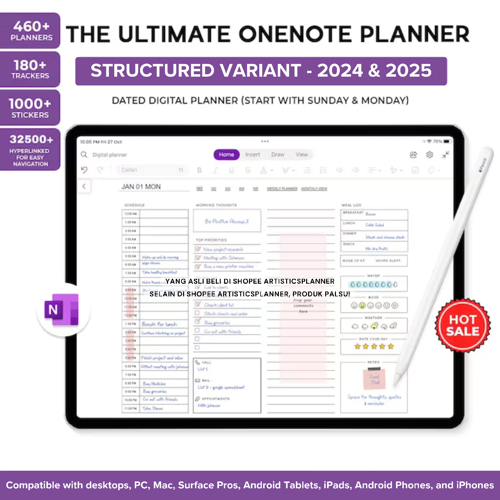 Jual OneNote Digital Planner 2024 2025 Dated Hyperlinked Daily Weekly