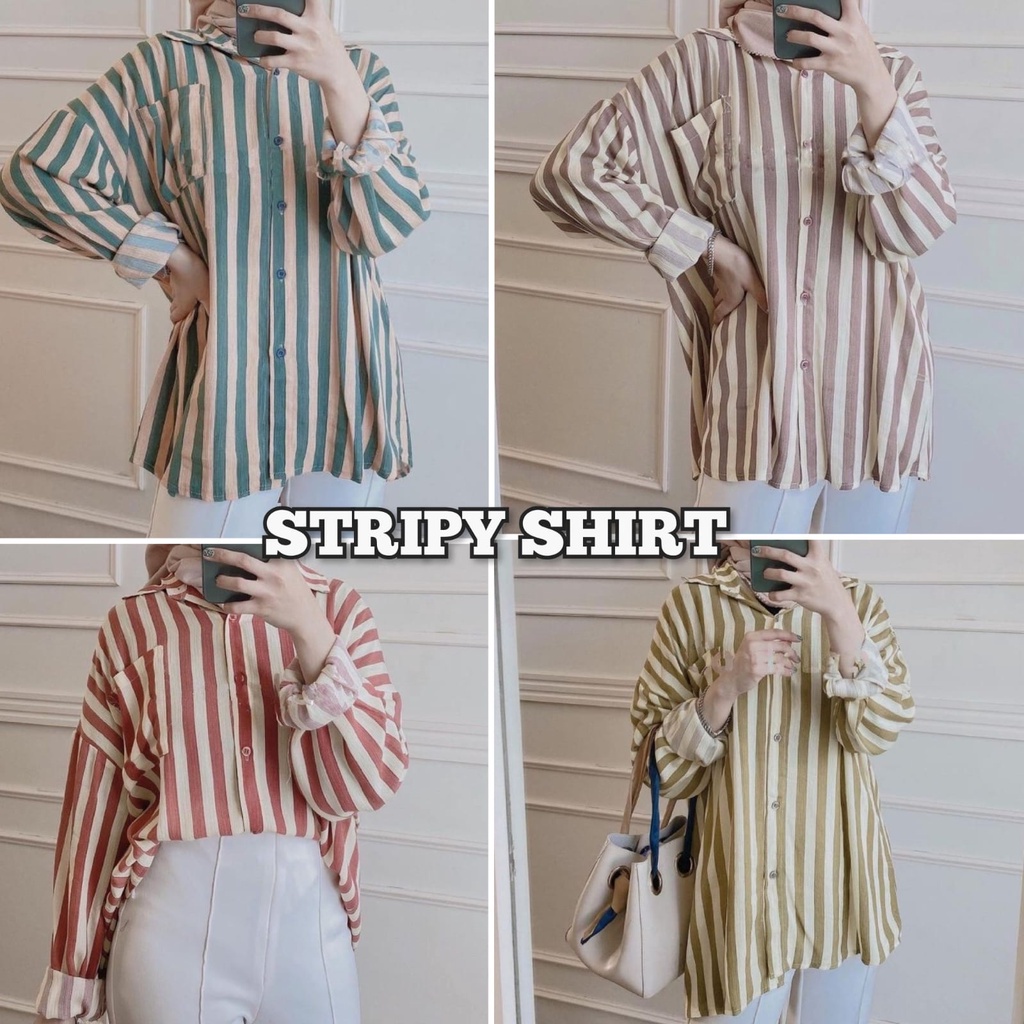 Jual Kemeja Salur Wanita Kemeja Korea Lengan Panjang Kemeja Wanita