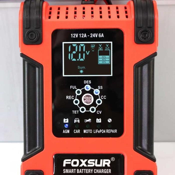 Jual Foxsur Charger Aki Kendaraan 105W 12 24V 12A 200Ah With LCD