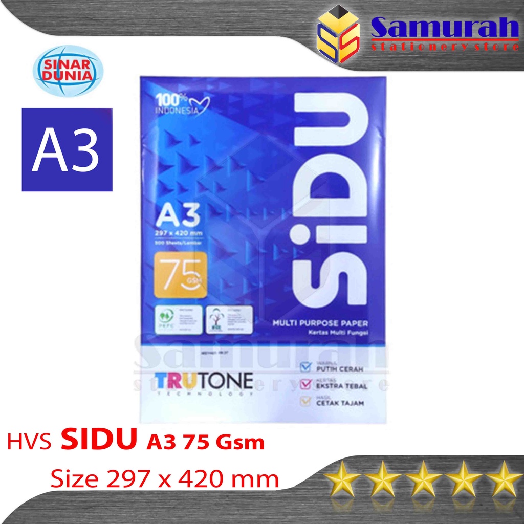 Jual Kertas HVS Sinar Dunia A3 75 Gsm 1 Rim HVS Sidu A3 75 Gram