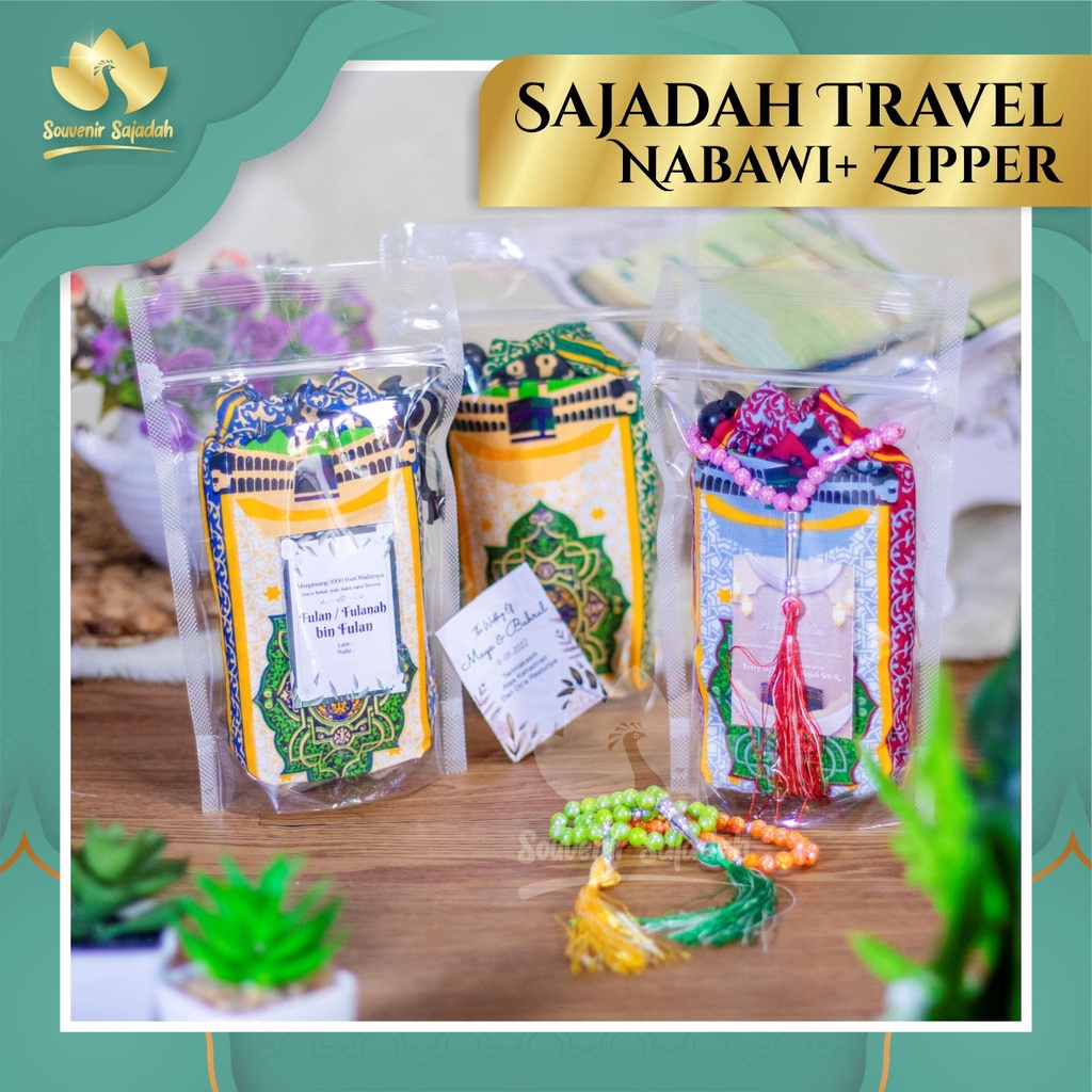 Jual Souvenir Sajadah Motif Nabawi Zipper 105x50cm Free Pouch