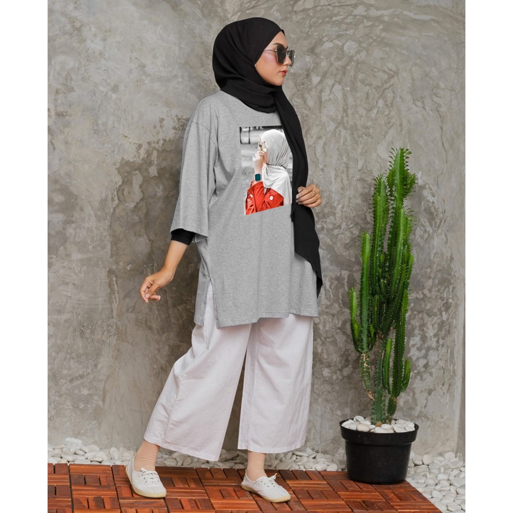 Jual Kaos Oversize Top Hijab Wanita Basic Hijab Red Oversize Slit