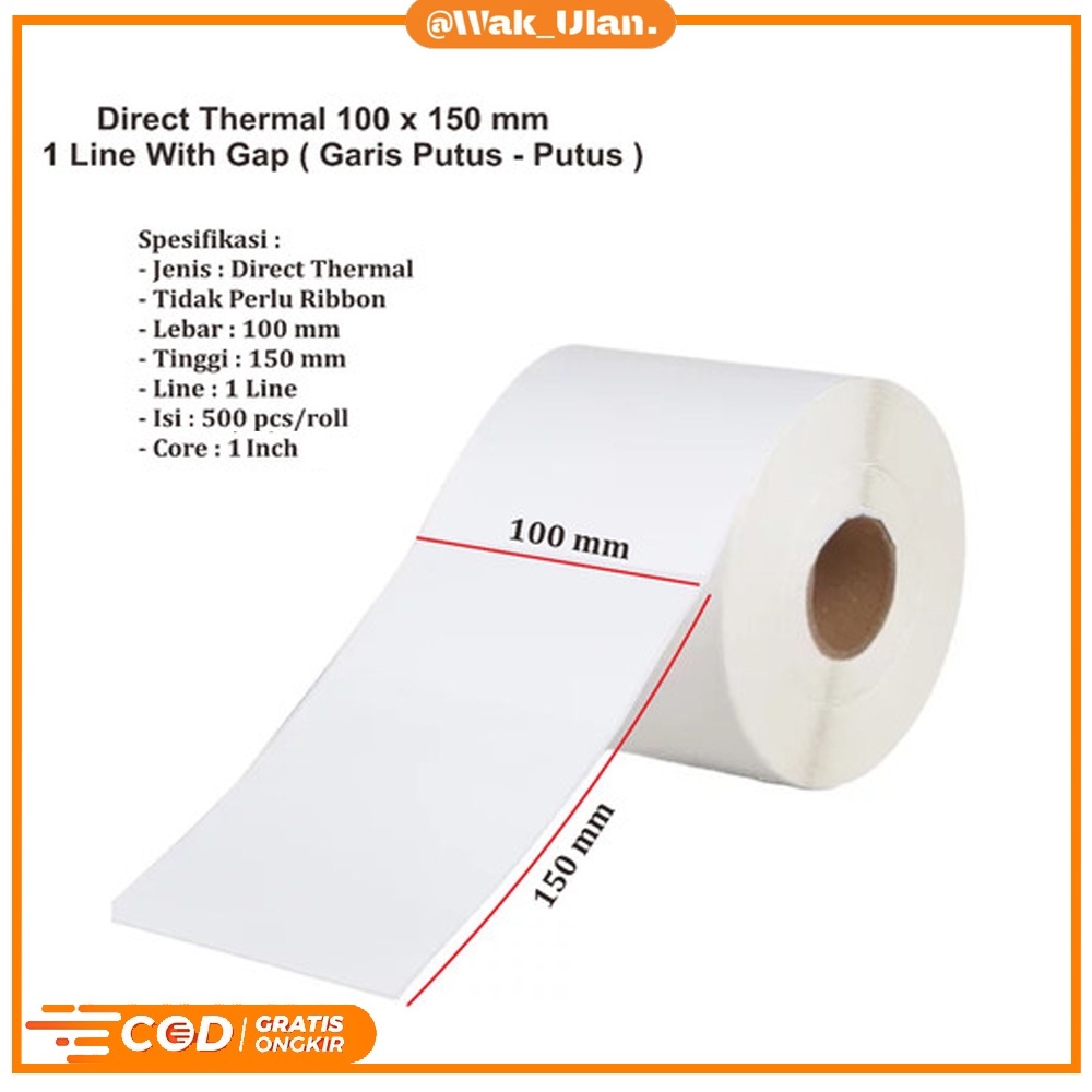 Jual KERTAS LABEL STICKER THERMAL 100 X 150 BARCODE 100X150 ISI 500