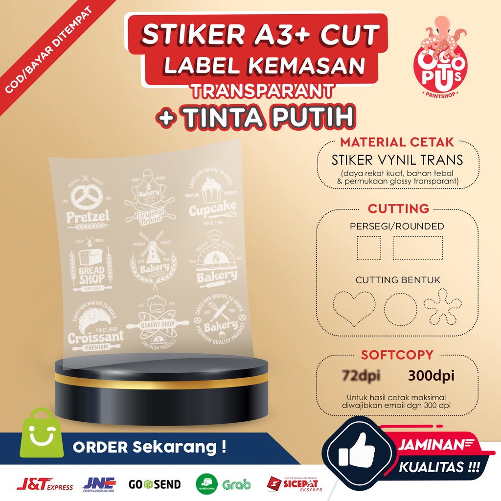 Jual CETAK STIKER LABEL VYNIL TRANSPARAN A3 TINTA PUTIH CUT CETAK