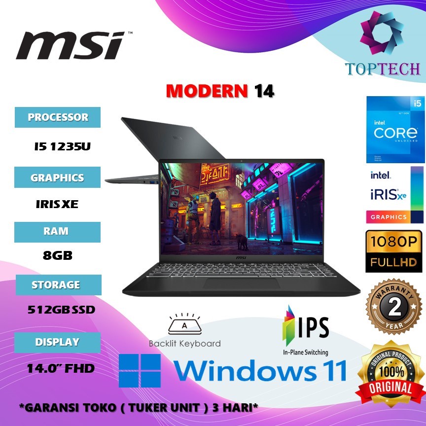 Jual LAPTOP MSI MODERN 14 FHD IPS I7 1195G7 RAM 8GB 512GB SSD IRISXE