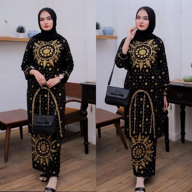 Jual BAJU COUPLE BATIK SONGKET PALEMBANG MOTIF MATAHARI HITAM SETELAN