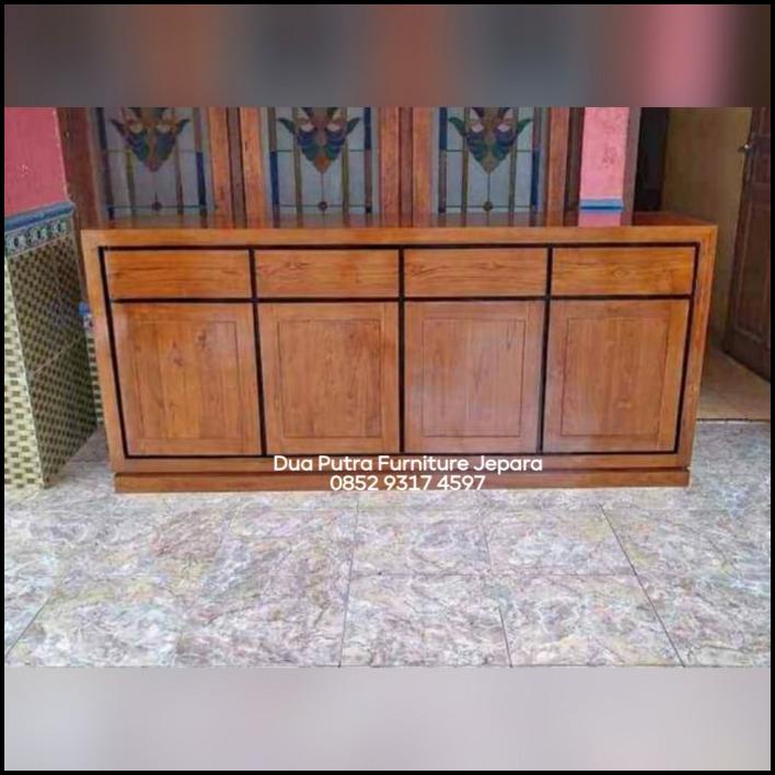 Jual Meja Tv Bufet Minimalis Modern Kayu Jati 4 Pintu 4 Laci Panjang 2M