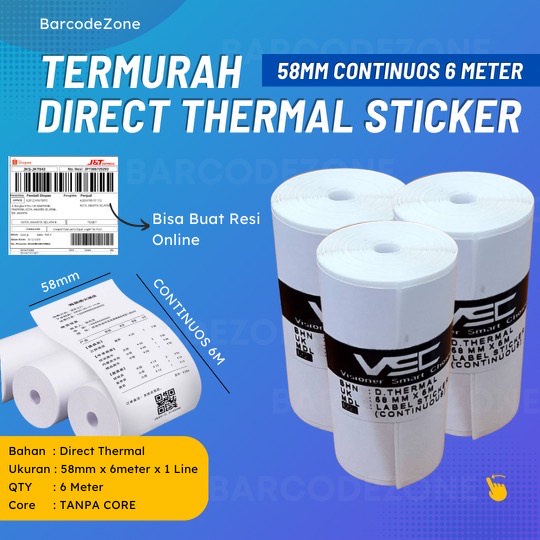 Jual KERTAS LABEL STICKER THERMAL Continuous 58mm X 37mm Core 10mm 6