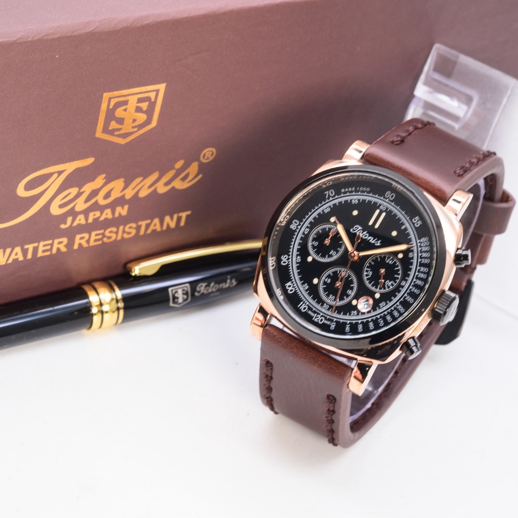 Jual Jam Tangan Pria Tetonis Chrono Kulit Original Bonus Pulpen