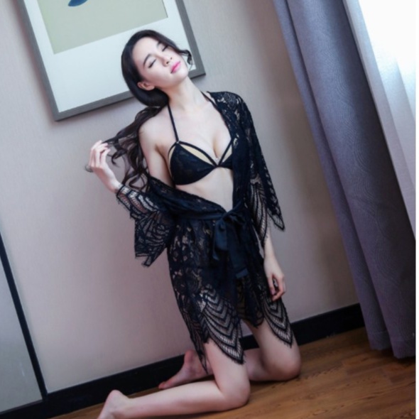 Jual SKA323 Sexy Lingerie Hitam Set Kimono Bra Seksi Celana Dalam