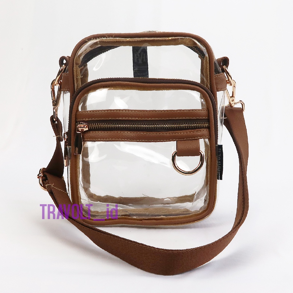 Jual Tas Selempang Transparan Resleting Kulit Coklat Travolt Sling