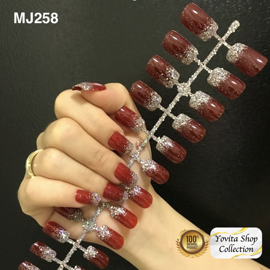 Jual Pcs Kuku Palsu Merah Motif Glossy Matte Fake Nails Gliter