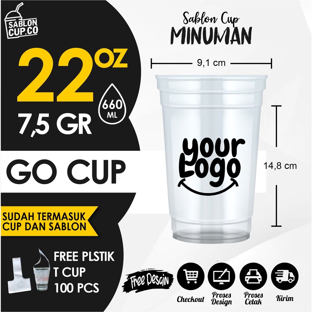 Jual Sablon Gelas Cup 22 Oz Datar Go Cup Ketebalan 7 5 Gr 1000 Pcs Free