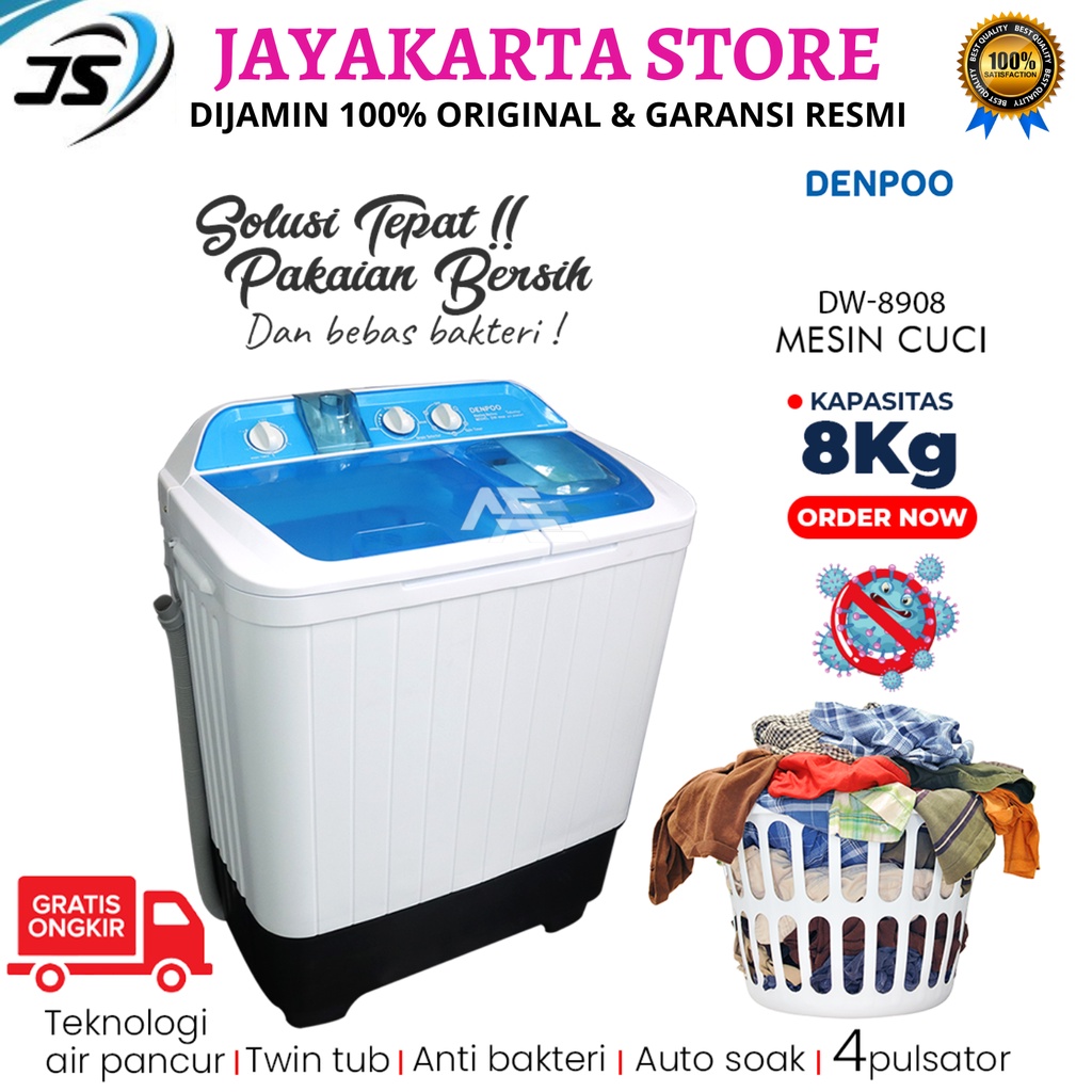 Jual MESIN CUCI DENPOO 2 TABUNG DW 8308 BIRU SUPER HEMAT LISTRIK