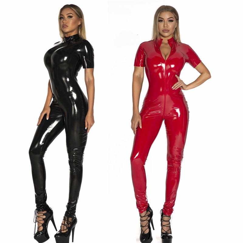 Jual Plus Size Latex Catsuit Faux Leather Women Jumpsuit Black Wetlook PVC Lingerie Bodysuit