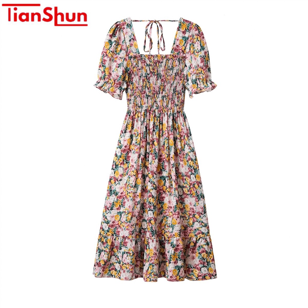 Jual Tianshun Floral Short Sleeves Midi Dress Baju Wanita Chiffon Korea