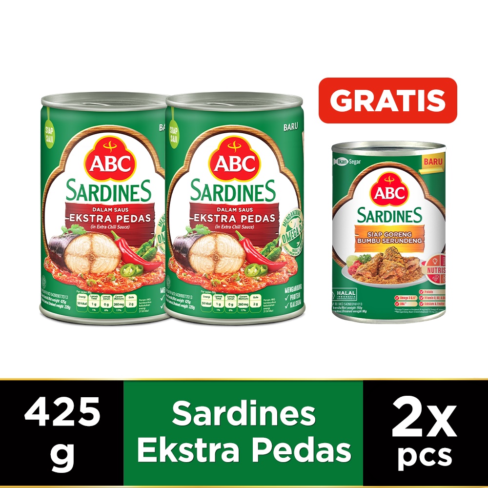 Jual ABC Sarden Extra Pedas 425g 2pcs Free Sarden Siap Goreng Bumbu