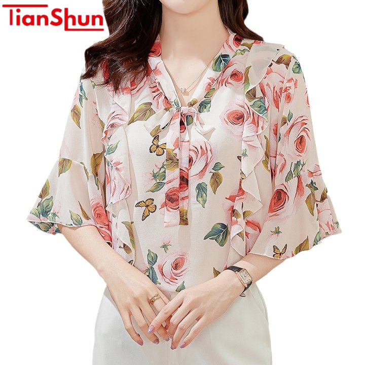 Jual Tianshun Fashion Korean Chiffon Floral Sleeve Shirts Pink Blue