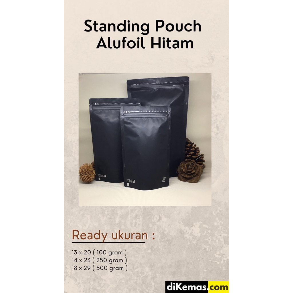 Jual Kemasan Kopi Standing Pouch Alufoil Hitam Ukuran 500 Gram Polos