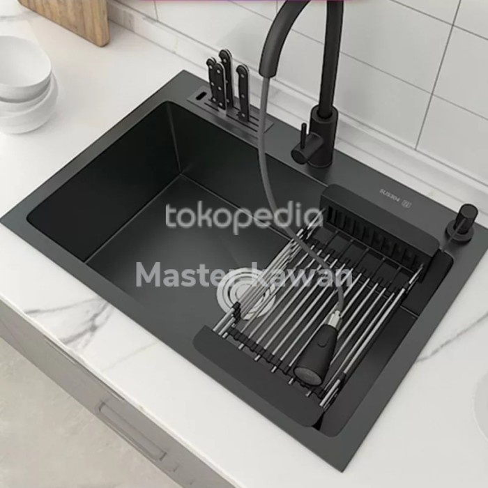 Jual Paket Lengkap Kitchen Sink Stainless Isan Hitam Kran Tarik