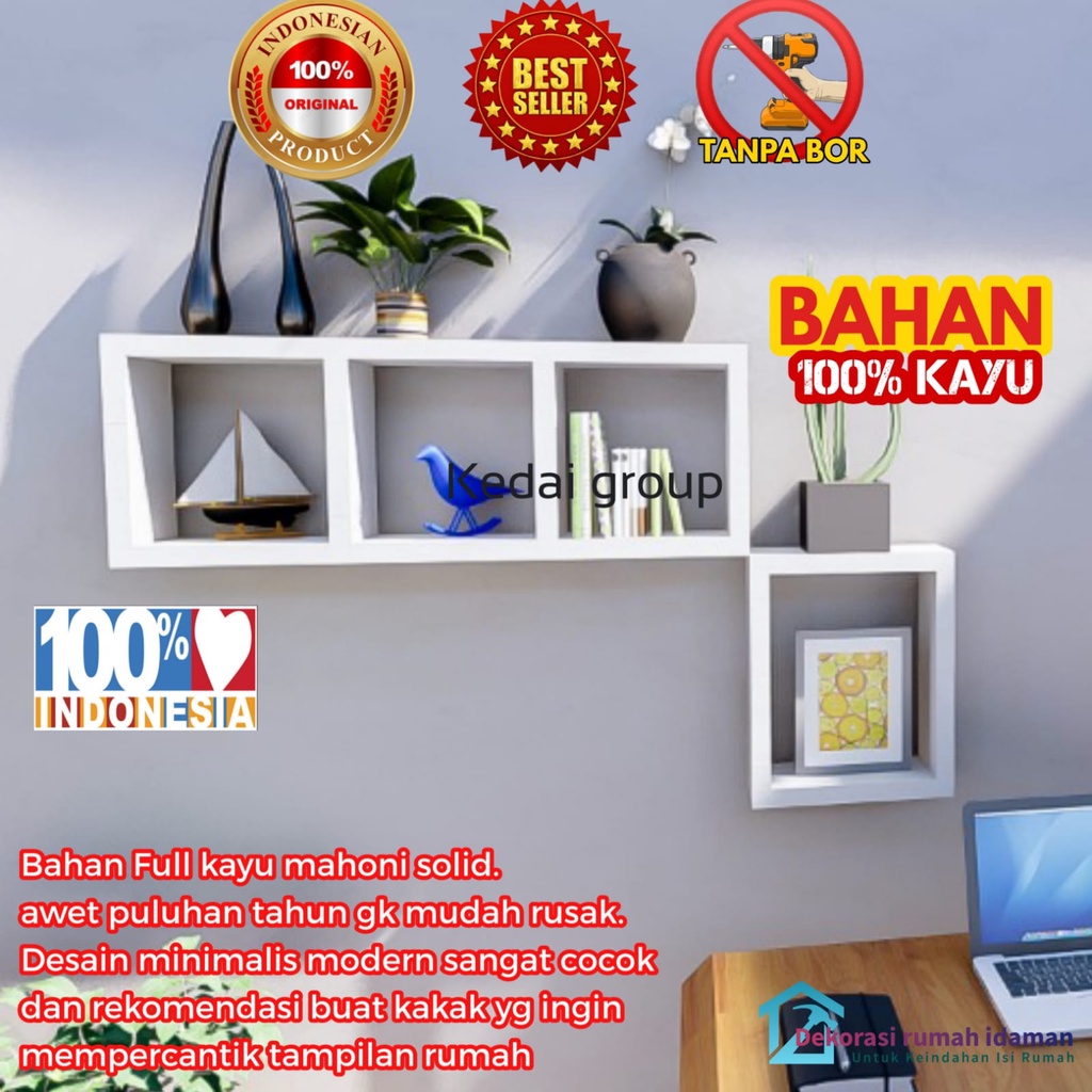 Jual Rak Dinding Tempel Minimalis Kayu Gantung Buku Kamar Ambalan Susun