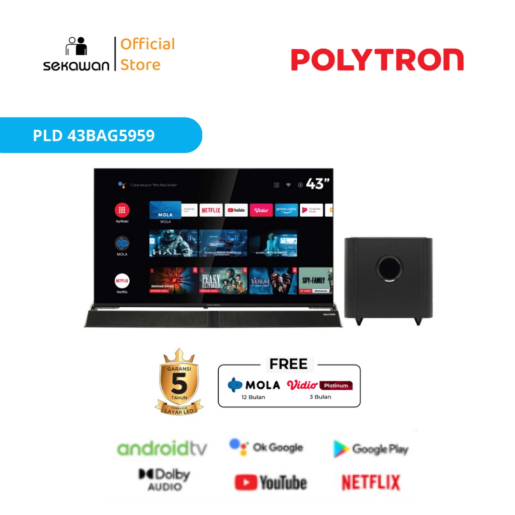 Jual LED TV 43 Inch Polytron Full HD Android TV Soundbar PLD 43BAG5959