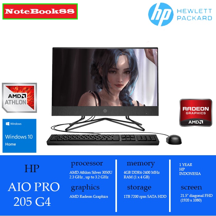 Jual HP AIO PRO 205 G4 AMD ATHLON SILVER 3050U 4GB 1TB HDD WIN 10 HOME