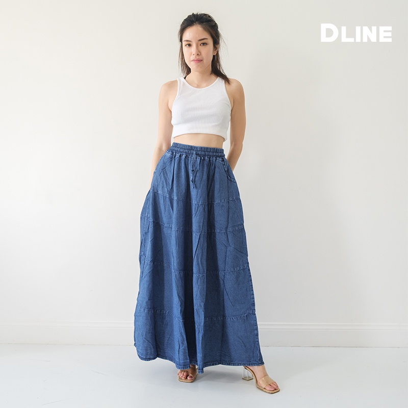 Jual Rok Jeans Panjang Pinggang Karet Wanita Maxi Bawahan Denim Cewek