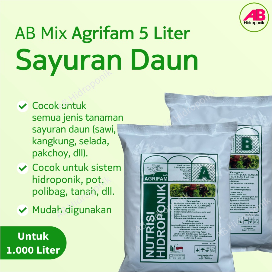 Jual Nutrisi Hidroponik AB Mix Sayur Sayuran Daun Agrifam 5 Liter