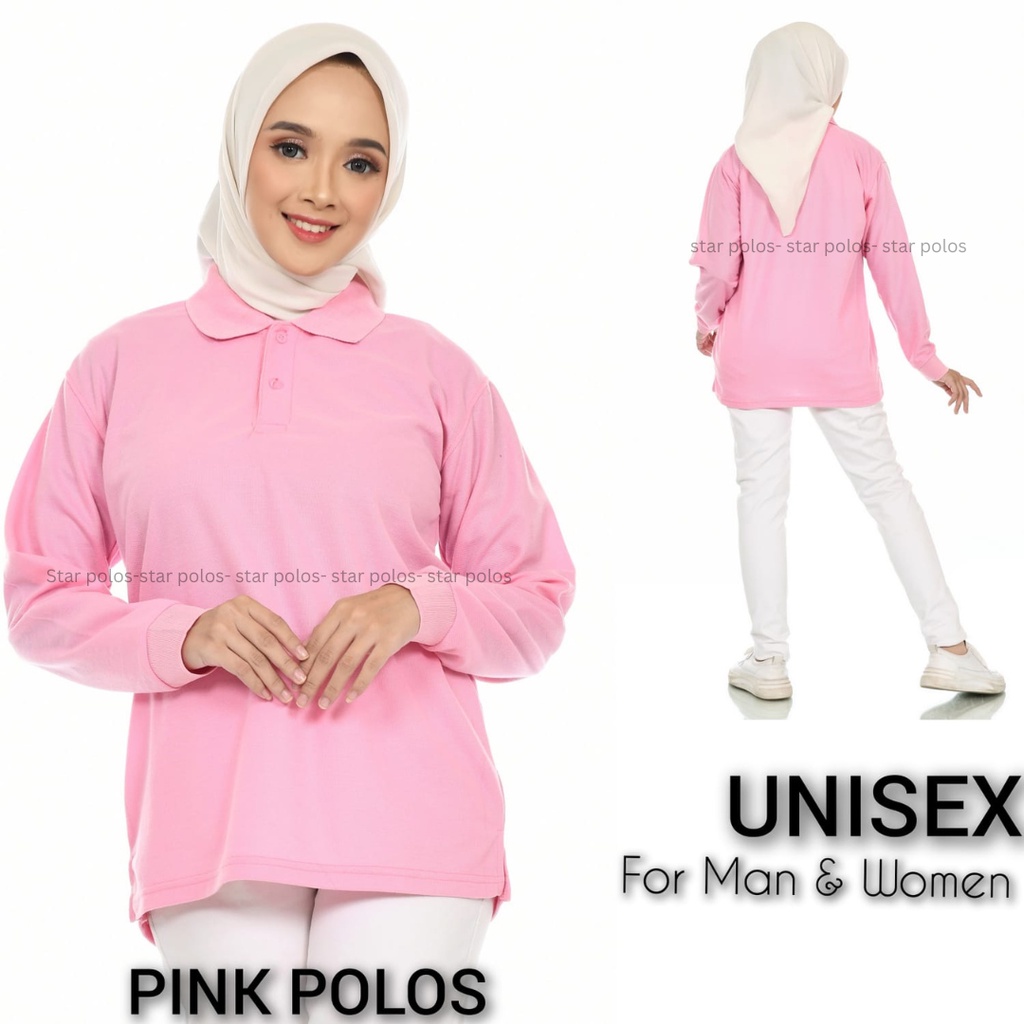 Jual Kaos Kerah Lengan Panjang Pink Polos Wanita Pria S M L Xl Xxl