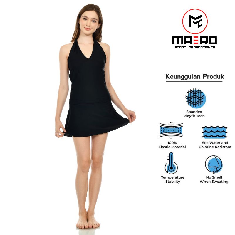 Jual BAJU RENANG WANITA ROK BIKINI SWIM DRES ONE PIECES FULL BLACK