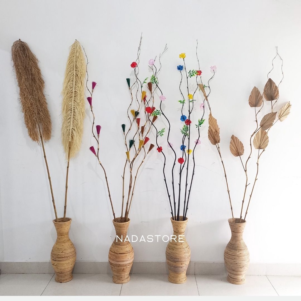 Jual Paket Lengkap Vas Rotan Dan Stik Ulir Bunga Kering Decor Home