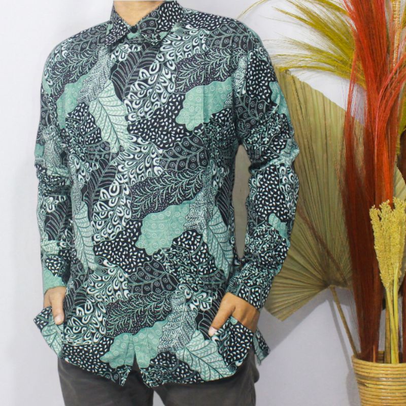 Jual Fatih Kemeja Batik Pria Hijau Wardah Lengan Panjang Bahan Katun