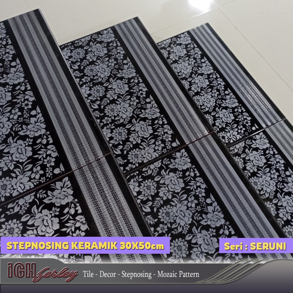 Jual Stepnosing Keramik 30x50 Hitam Motif Bunga Seruni Lantai Tangga