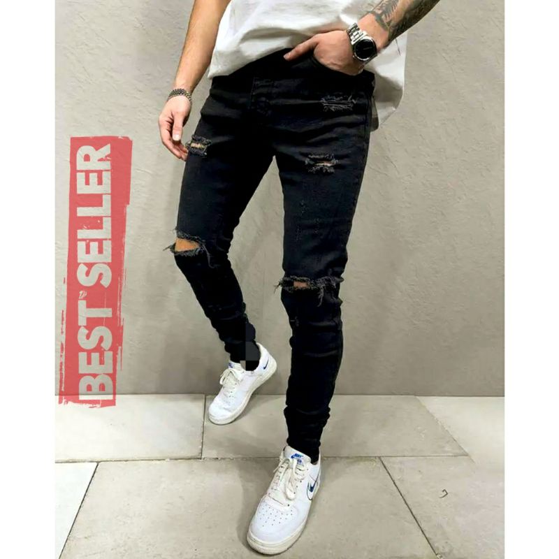 Jual Celana Sobek Pria Ripped Jeans Robek Slimfit Skinny Pensil Stretch