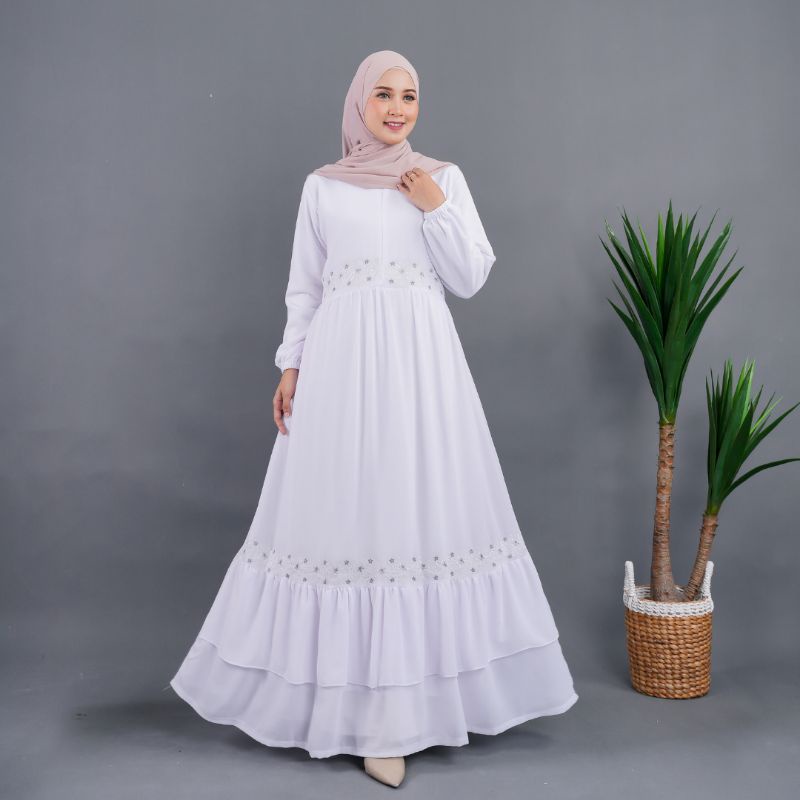 Jual Khadija Dress Gamis Bahan Ceruty Babydol Putih Bersih Putih