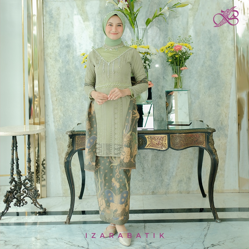 Jual Sofia Sage Green Setelan Baju Kebaya Batik Modern Couple Wisuda