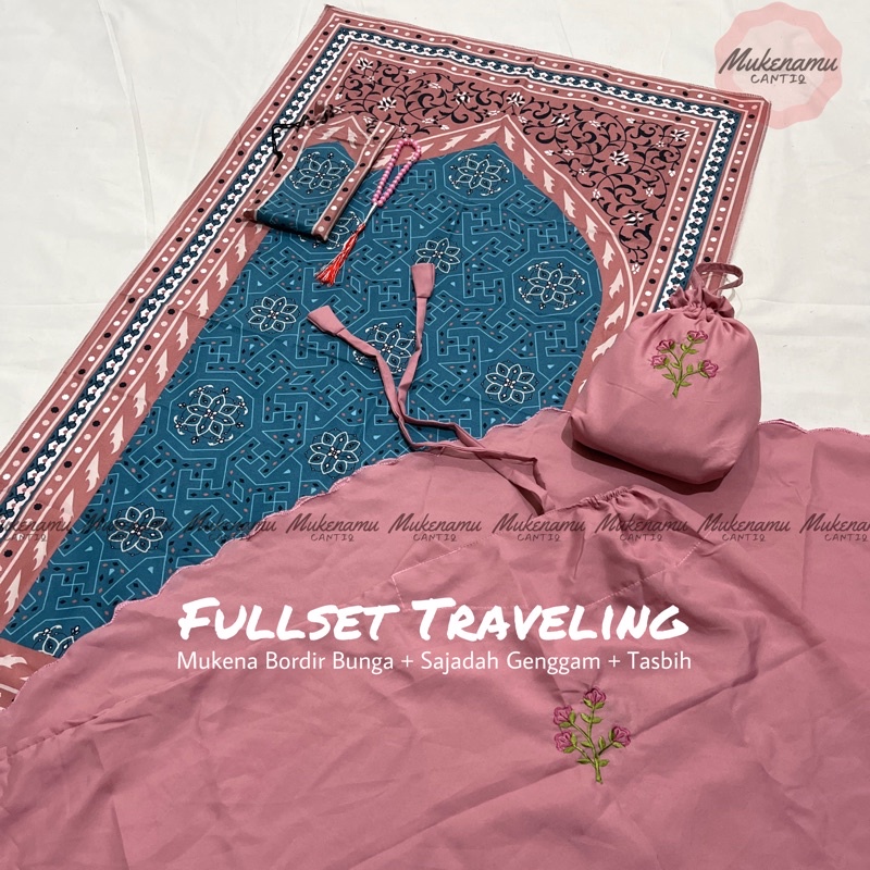 Jual Full Set Mukena Travel Bordir Bunga Sajadah Traveling Motif