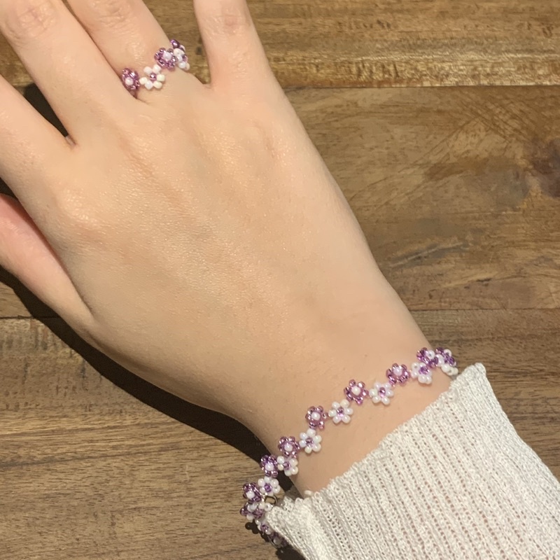 Jual BEADLERY Beaded Purple Irregular Flower Bracelet And Ring