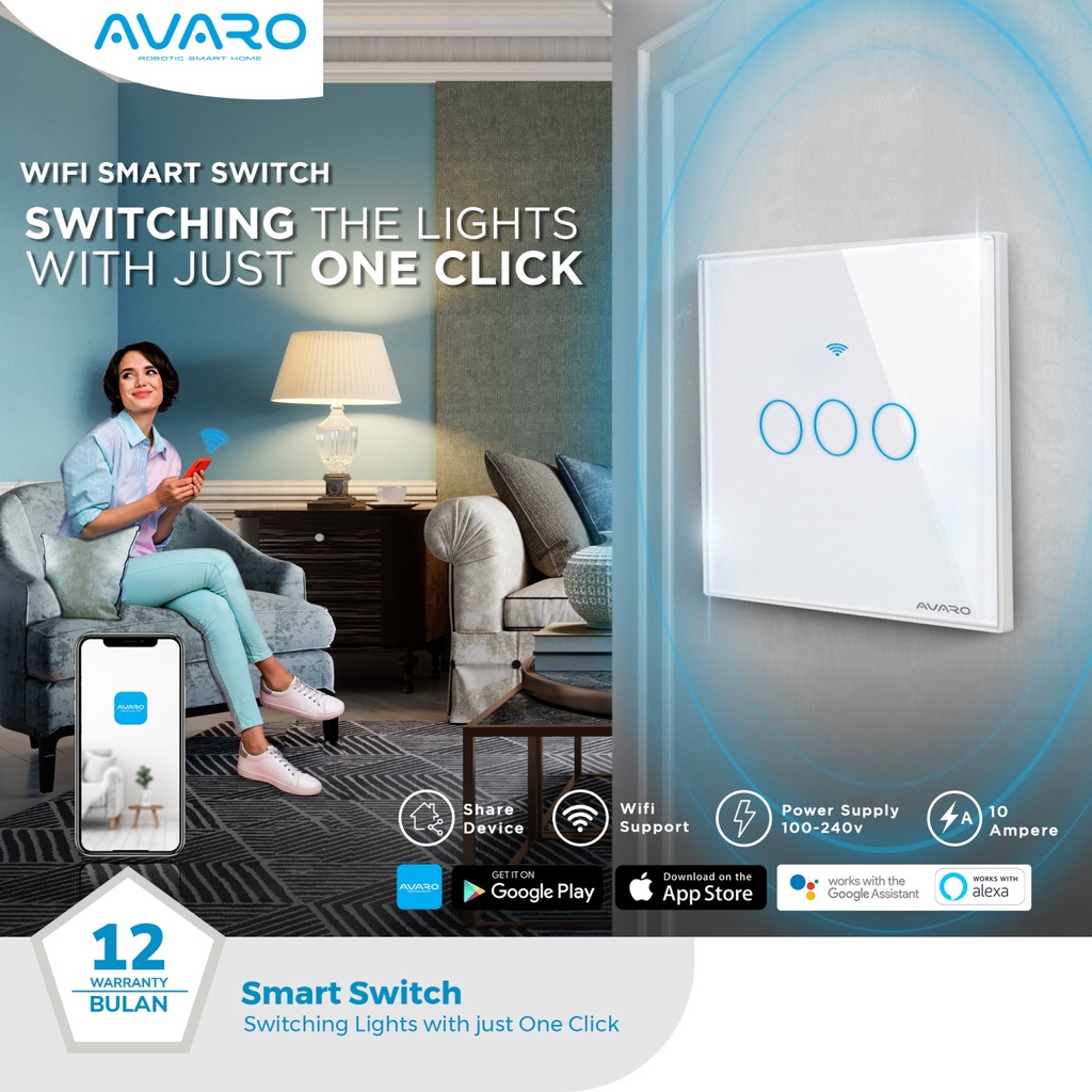 Jual AVARO Smart Wall Switch Saklar Lampu Touch WiFi EU White