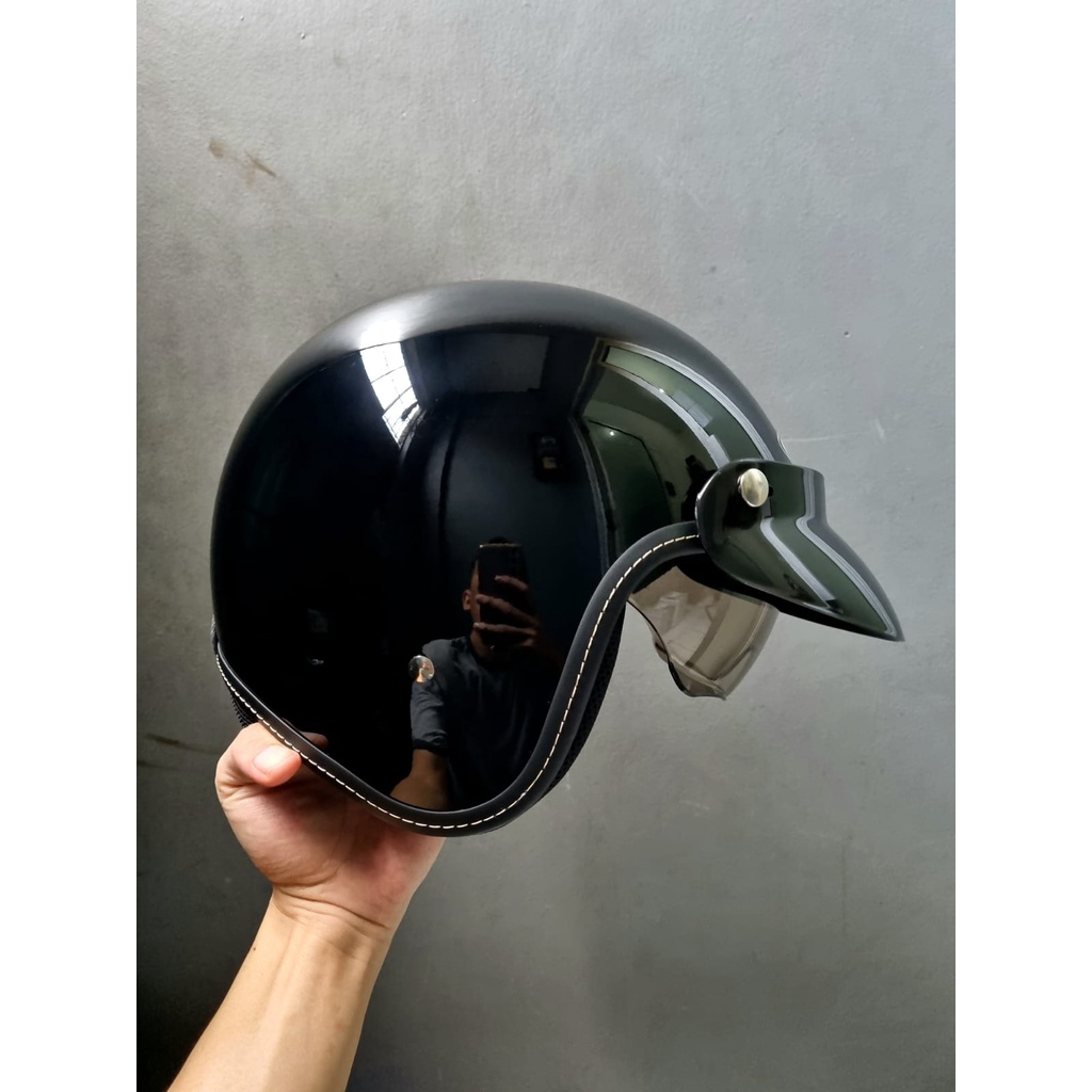 Jual ZEUS ZS 388A BLACK GLOSSY RETRO SUNVISOR FREE PET TOPI HELM