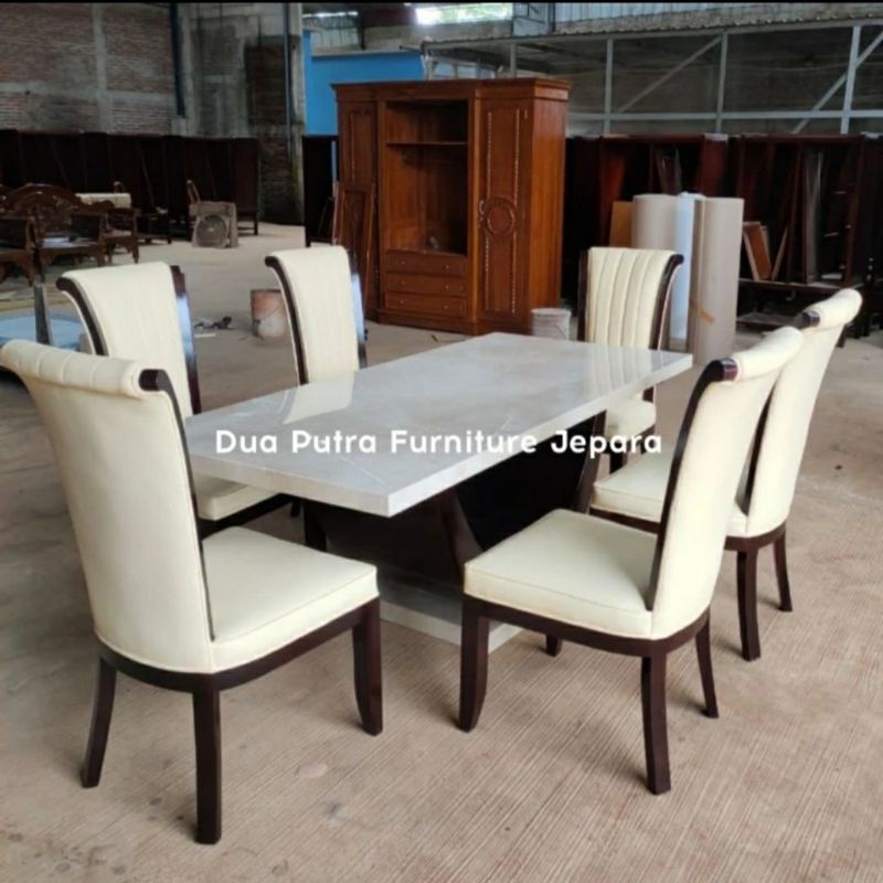 Jual Meja Makan Minimalis Luxury Kayu Jati Top Table Marmer Carrara