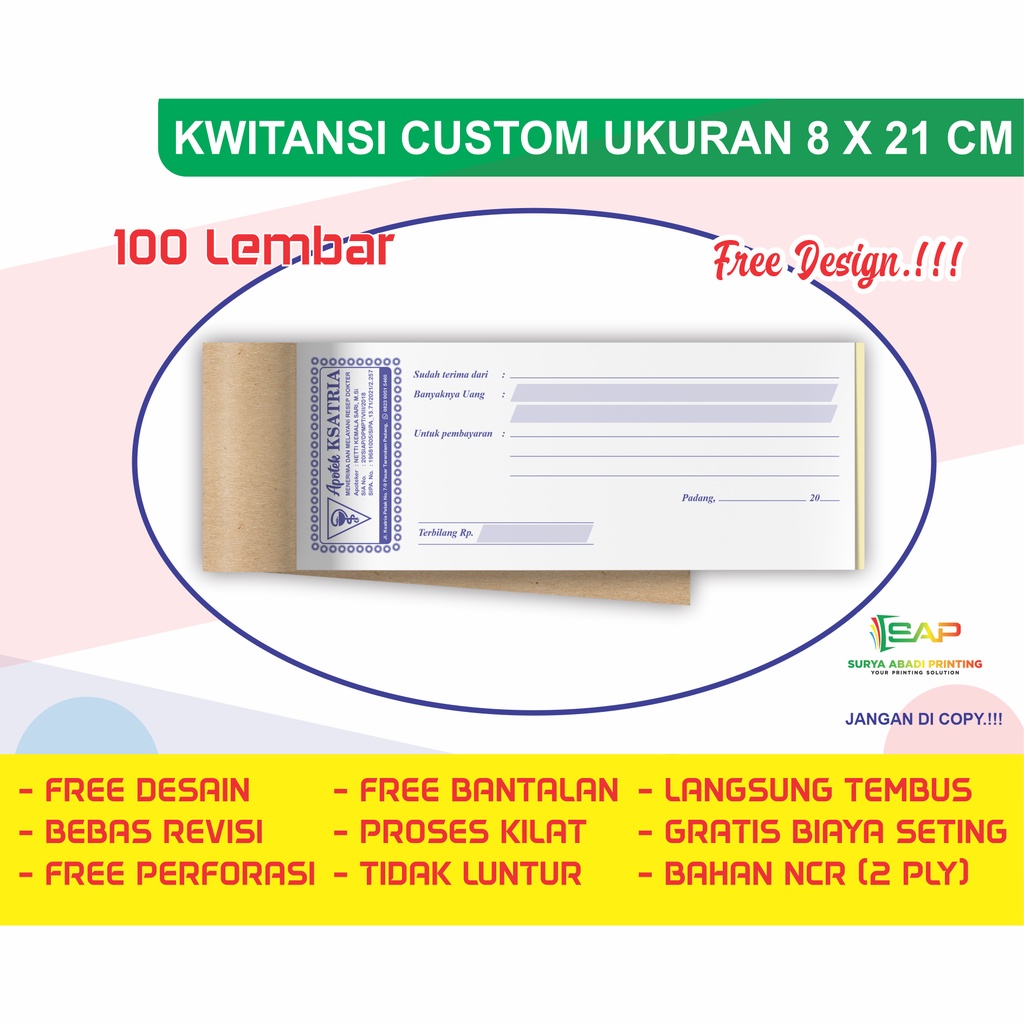 Jual KWITANSI CUSTOM UKURAN 8 X 21 CM FREE DESIGN Shopee Indonesia