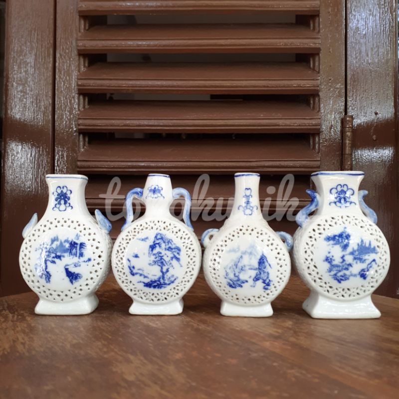 Jual SET 4 PCS Vas Mini Pajangan Keramik Hias Antik Vintage Biru Putih