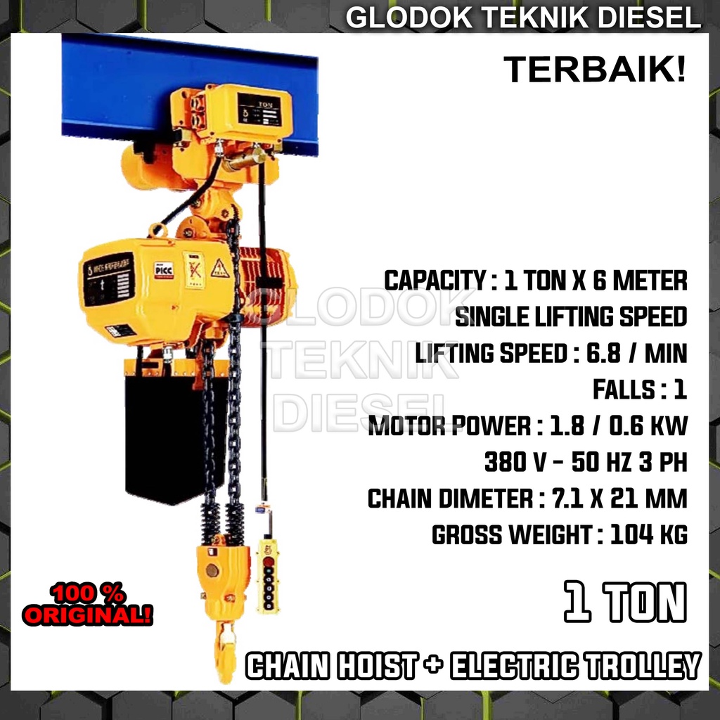 Jual Chain Hoist Electric Trolley 1 Ton X 6 Meter Takel Rantai Single