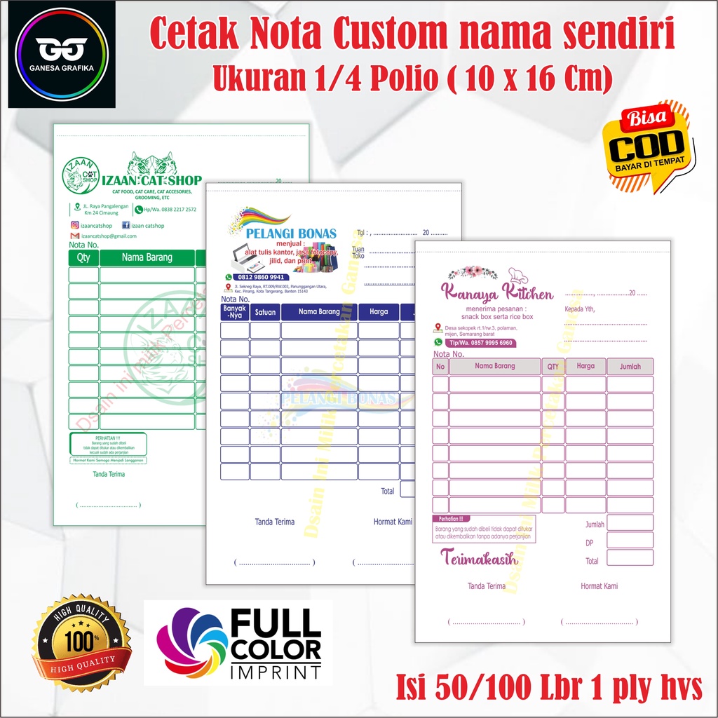 Jual Cetak Nota Custom Nama Sendiri Ply Ukuran Polio X Cm