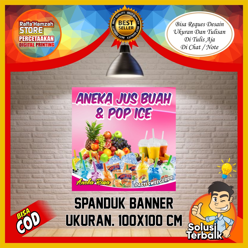 Jual Spanduk Banner Aneka Minuman Jus Buah Pop Ice Ukuran 100x100 Cm