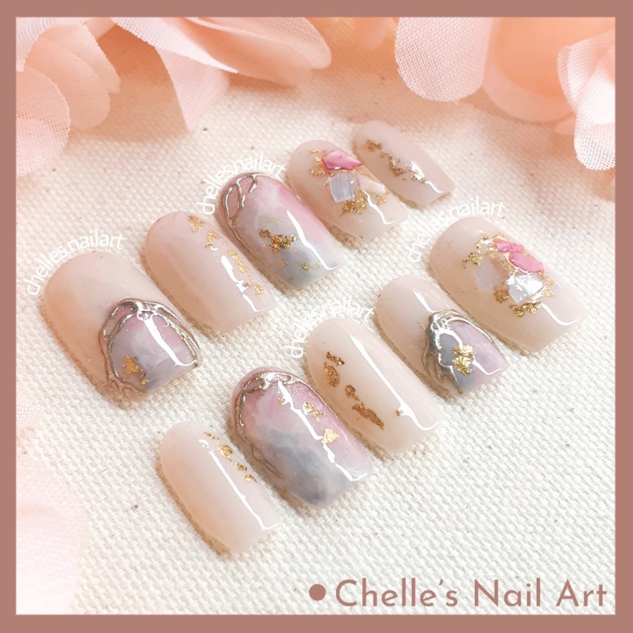 Jual Nude Pink Shell Nails Custom Fake Nails Kuku Palsu Handmade Murah